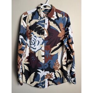 Perry Ellis Floral Abstract Button Up Shirt Boho Retro Mens Medium Multicolor